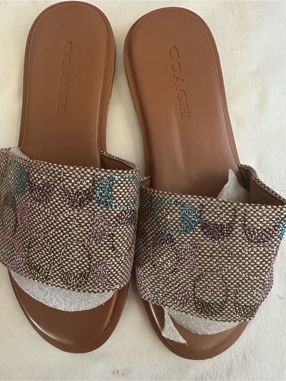 COACH Brown Leather Slide Sandals with Multicolor Jacquard Strap
